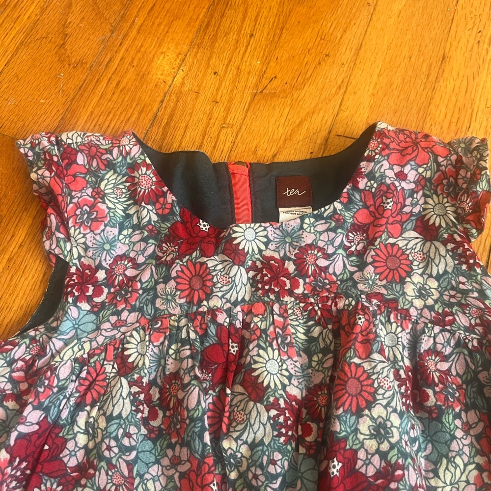Tea Collection size 7 Years Blue Pink Floral Short Sleeve Lined Cotton Dress - Picture 3 of 6